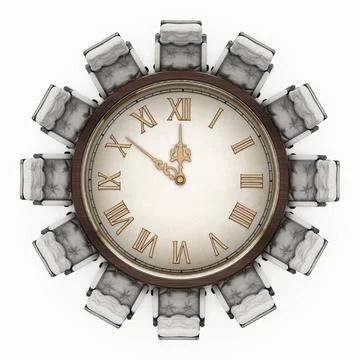 Round table with clock and chairs isolated on white background. 3D illustr... Foto stock