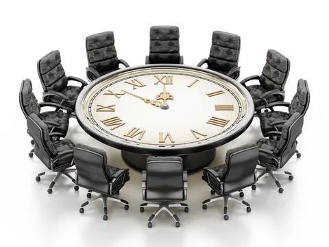 Round table with clock and chairs isolated on white background. 3D illustr... Stock Photos