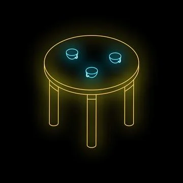 Round table with cups of coffee represented by neon sign on black background Stock Illustration