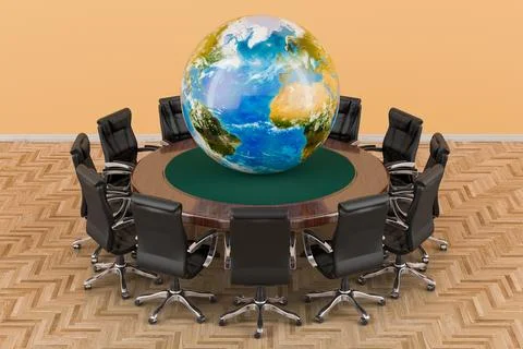 Round table with Earth Globe and armchairs around, 3D rendering Illustrazione stock