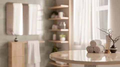A round table features towels and decor objects with a blurred background o.. イラスト素材