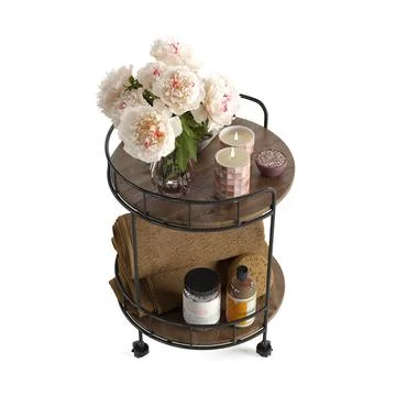The round table has two tiered shelves on it, one holding bottles and two Stock Illustration