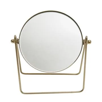 Round table mirror with metal stand on isolated white background. Desktop v.. Stock Photos