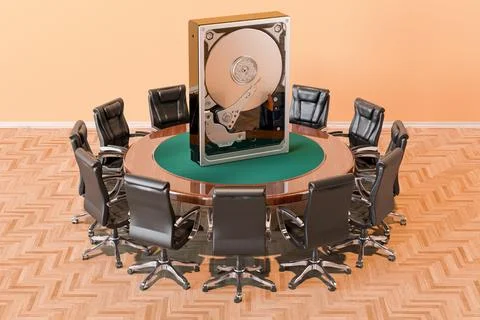 Round table with SSD and armchairs around, 3D rendering 스톡 일러스트