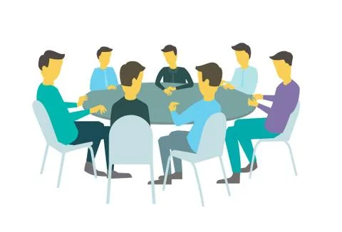 Round table talks brainstorm. Team business people meeting conference seven Stock Illustration
