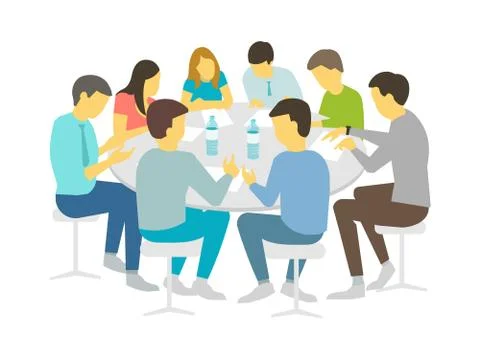 Round table talks brainstorm. Team business people meeting conference eight Stock Illustration