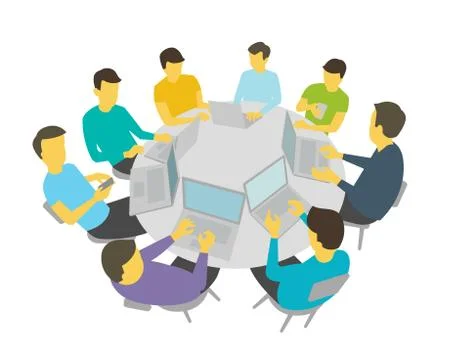 Round-table talks. Group of people students team having meeting conference Stock Illustration