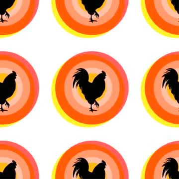 Round target with a rooster. Memphis festive ogange circle or button on white Stock Illustration