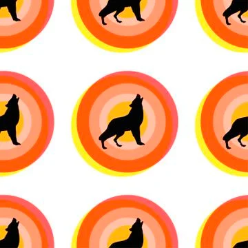 Round target with a wolf. Memphis festive ogange circle or button on white ba Stock Illustration