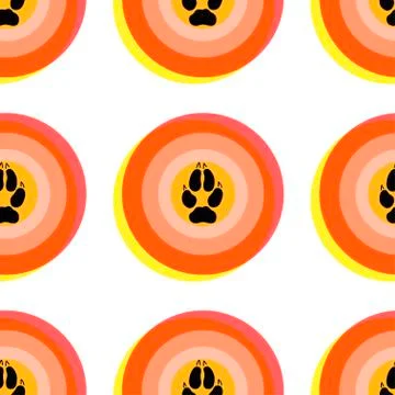 Round target with wolf track. Memphis festive ogange circle or button on whit Stock Illustration