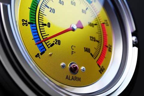 Round temperature sensor with an indicator at a critical level. 3d illustrati Illustrazione stock