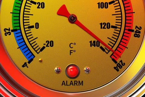 Round temperature sensor with an indicator at a critical level. 3d illustrati Illustrazione stock