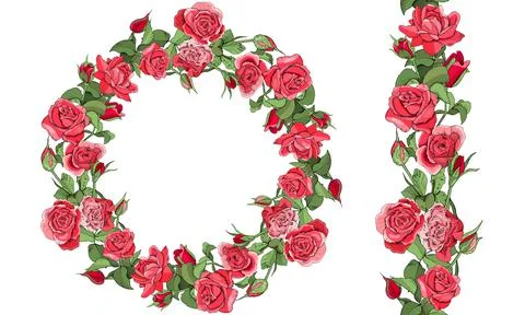Round template and seamless border with roses and leaves isolated on white ba Stock Illustration