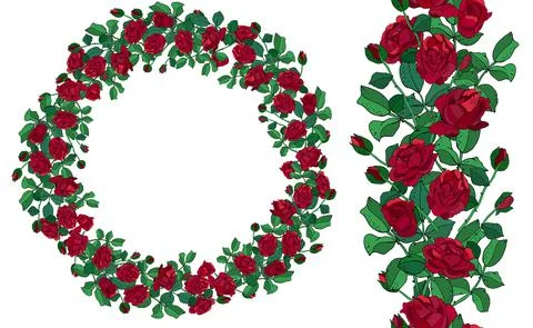 Round template and seamless border with red roses and leaves isolated on whit Stock Illustration