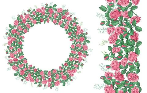 Round template and seamless border with pink roses and leaves isolated on whi Stock Illustration