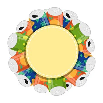 Round template with multi colored soda cans for advertising soft drinks. Al.. Stock Illustration