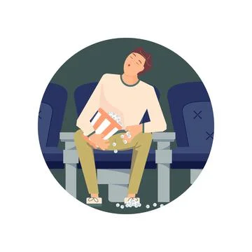 Round template with Tired man sitting in the cinema and sleeping Stock Illustration