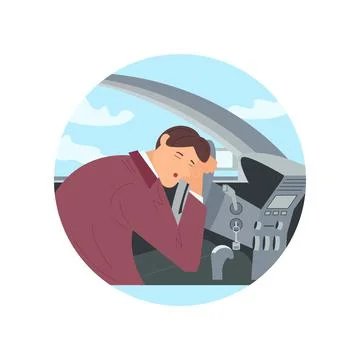 Round template with tired man sleeping at the wheel inside of his car Stock Illustration