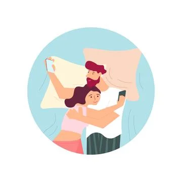 Round template with Young Pair of lovers are lying in the bed Stock Illustration