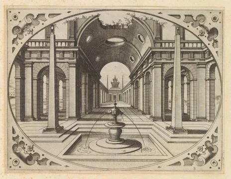 Round temple with central basin and fountain; Variae architecturae formae ... Stock Photos