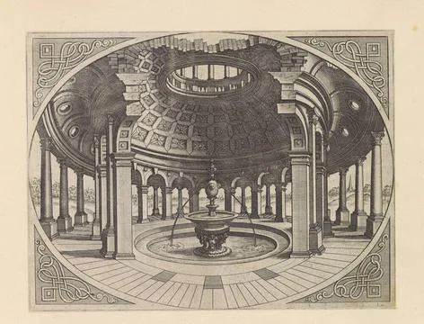 Round temple with central basin and fountain; Variae architecturae formae ... Stock Photos