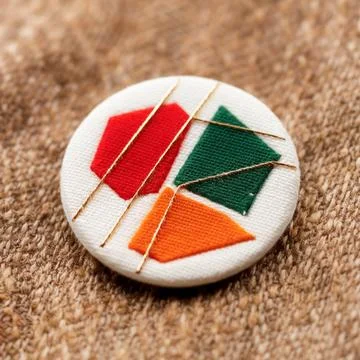 A round textile badge featuring abstract geometric shapes in red, green, an.. Stock Photos