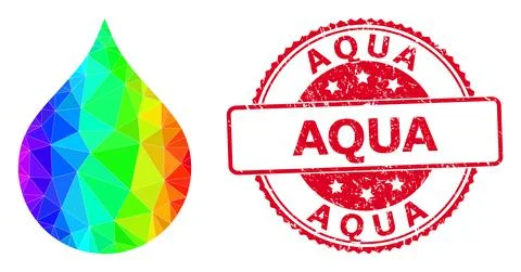 Round Textured Aqua Seal with Vector Lowpoly Water Drop Icon with Rainbow Illustrazione stock