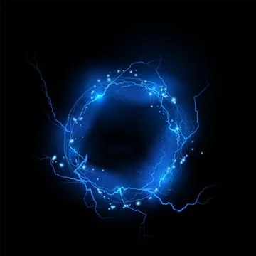 Round thunderbolt, blue circle bolt lightning, vector shine light rays ring with Stock Illustration