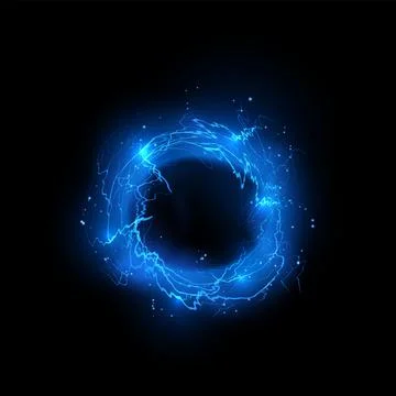 Round thunderbolt, blue circle bolt lightning, vector shine light ring Stock Illustration