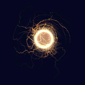 Round thunderbolt or yellow bolt lightning, vector magical shine circle, light Stock Illustration