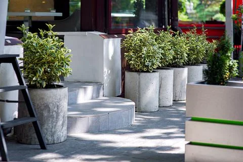 Round tile threshold doorstep shop entrance with concrete flower pots. Stock Photos