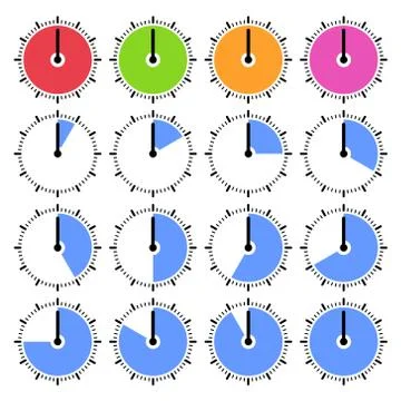 Round Timer Dial Icons Set on White Background. Vector Illustrazione stock