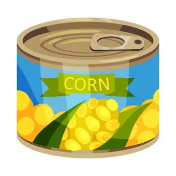 Round tin can with corn. Vector illustration on white background. Stock Illustration