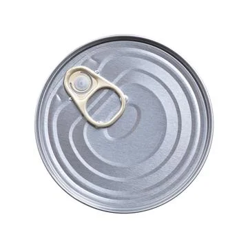 Round tin can, with ring-pull lid, isolated, from above Stock Photos