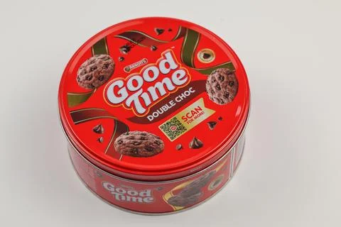 A round tin package of Good Time chocolate cookies Stock Photos