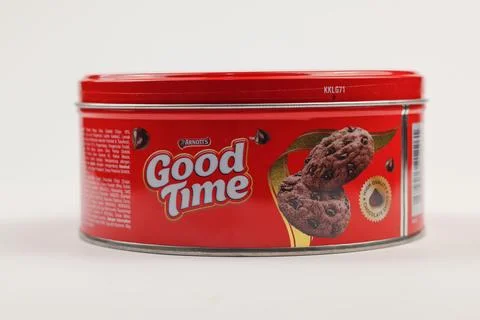 A round tin package of Good Time chocolate cookies Stock Photos