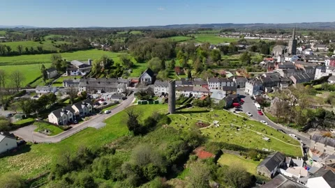Round Tower, Clones Town, County Monaghan, Ireland, April 2023. Drone Stock Footage 282449885