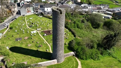 Round Tower, Clones Town, County Monaghan, Ireland, April 2023. Drone Stock Footage 282450215