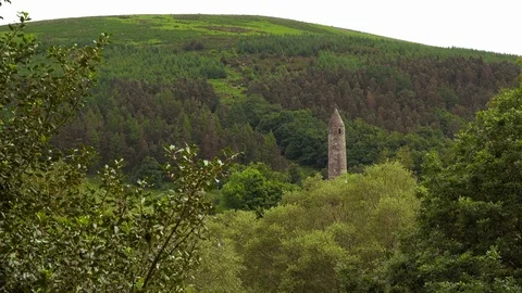 The Round Tower at Glendalough, County Wicklow, Ireland Stock Footage 101643390