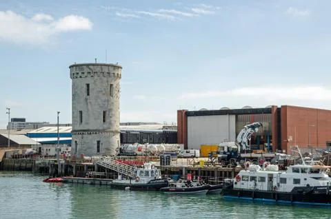 Round Tower at Royal Navy Base, Portsmouth Harbour Stock Photos