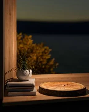 Round tree log stump wood coaster and pot plant over book on wooden table a.. Stock Illustration