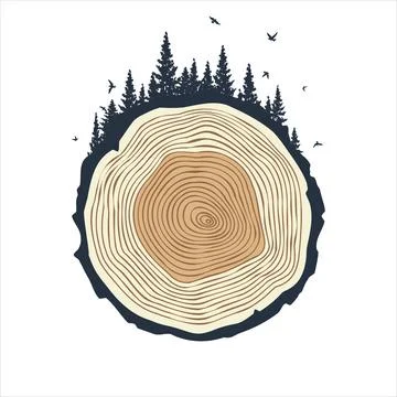 Round tree trunk cut with trees, forest and birds. Sawn pine or oak slice Stock Illustration