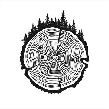 Round tree trunk cut with trees and forest. Sawn pine or oak slice, lumber. Saw 스톡 일러스트