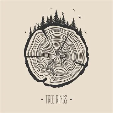 Round tree trunk cut with trees, forest and birds. Sawn pine or oak slice Stock Illustration