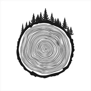 Round tree trunk cut with trees and forest. Sawn pine or oak slice, lumber. Saw Stock Illustration
