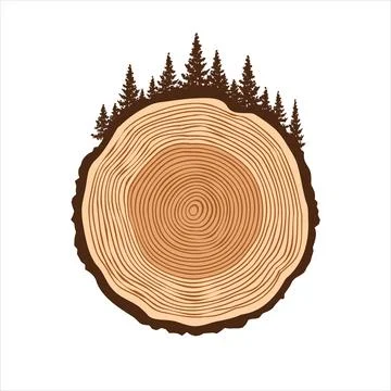 Round tree trunk cut with trees and forest. Sawn pine or oak slice, lumber. Saw Stock Illustration