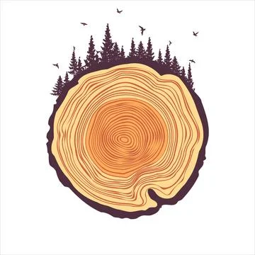 Round tree trunk cut with trees, forest and birds. Sawn pine or oak slice Illustrazione stock