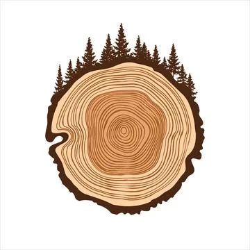 Round tree trunk cut with trees and forest. Sawn pine or oak slice, lumber. Saw Stock Illustration