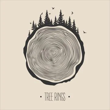 Round tree trunk cut with trees, forest and birds. Sawn pine or oak slice Stock Illustration