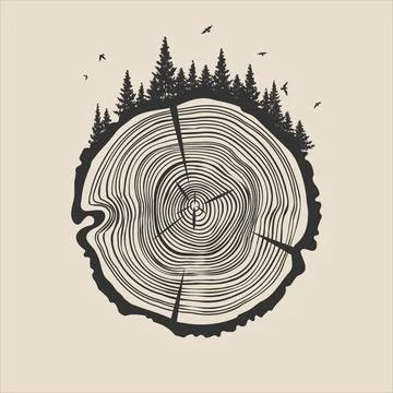 Round tree trunk cut with trees, forest and birds. Sawn pine or oak slice Stock Illustration